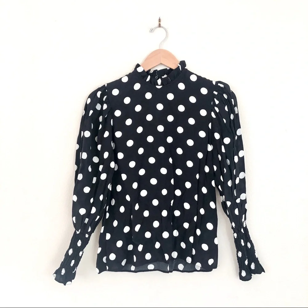 ZARA Smocked Puff Sleeve Polka Dot Mock Neck Blouse in Black